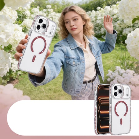 Apple iPhone 18 Pro Kılıf Kenar Taşlı M-safe Şarj Özellikli Parlak Tera Şeffaf Kapak
