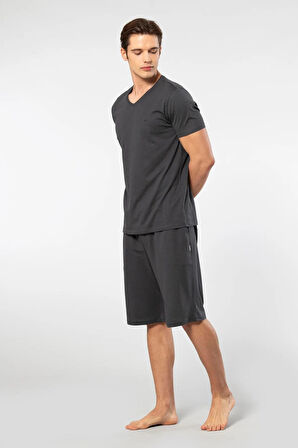 Cacharel V Yaka T-shirt ve Cepli Bermuda Şort Takım, %50 Pamuk %50 Modal