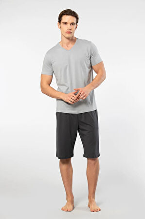 Cacharel V Yaka T-shirt ve Cepli Bermuda Şort Takım, %50 Pamuk %50 Modal