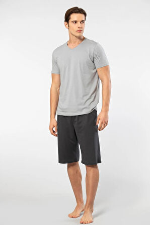Cacharel V Yaka T-shirt ve Cepli Bermuda Şort Takım, %50 Pamuk %50 Modal