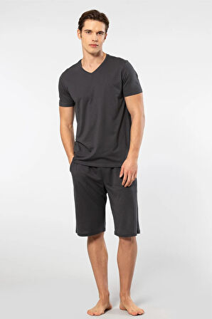 Cacharel V Yaka T-shirt ve Cepli Bermuda Şort Takım, %50 Pamuk %50 Modal