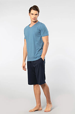 Cacharel V Yaka T-shirt ve Cepli Bermuda Şort Takım, %50 Pamuk %50 Modal