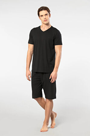 Cacharel V Yaka T-shirt ve Cepli Bermuda Şort Takım, %50 Pamuk %50 Modal