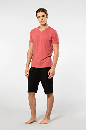 Cacharel V Yaka T-shirt ve Cepli Bermuda Şort Takım, %50 Pamuk %50 Modal