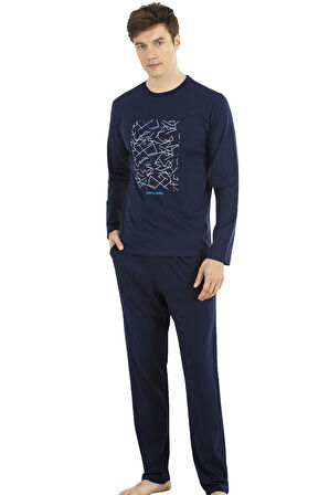 Uzunkol Yuvarlak Yaka Erkek Pijama Takım, %100 Pamuk Penye 