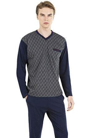 Pierre Cardin %100 Pamuk V Yaka Erkek Pijama Takım, Jakarlı, Uzunkollu, Kutulu