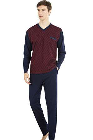 Pierre Cardin %100 Pamuk V Yaka Erkek Pijama Takım, Jakarlı, Uzunkollu, Kutulu