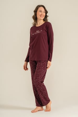 Kadın Mürdüm Uzunkol Penye Pijama Takım, Bisiklet Yaka, Cep Detaylı  %50 Pamuk %50 Modal Kumaş,