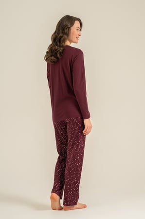Kadın Mürdüm Uzunkol Penye Pijama Takım, Bisiklet Yaka, Cep Detaylı  %50 Pamuk %50 Modal Kumaş,