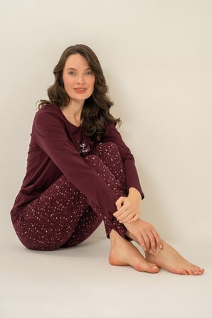 Kadın Mürdüm Uzunkol Penye Pijama Takım, Bisiklet Yaka, Cep Detaylı  %50 Pamuk %50 Modal Kumaş,