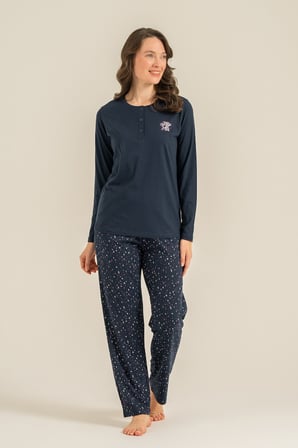 Kadın Lacivert Uzunkol Penye Pijama Takım, Yakası Düğmeli, Cep Detaylı  %50 Pamuk %50 Modal Kumaş