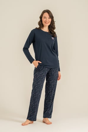 Kadın Lacivert Uzunkol Penye Pijama Takım, Yakası Düğmeli, Cep Detaylı  %50 Pamuk %50 Modal Kumaş