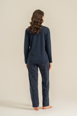 Kadın Lacivert Uzunkol Penye Pijama Takım, Yakası Düğmeli, Cep Detaylı  %50 Pamuk %50 Modal Kumaş