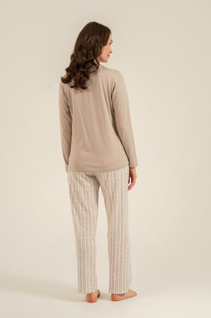 Kadın Uzunkol Vizon Pijama Takım, Yuvarlak Düğmeli Yaka, Cep Detaylı  %50 Pamuk %50 Modal Kumaş,