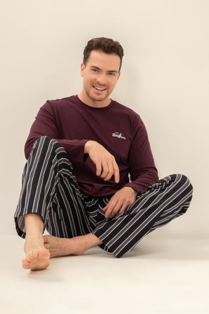Erkek Mürdüm %100 Pamuklu Pijama Takım, Bisiklet Yakalı, Cep Detaylı