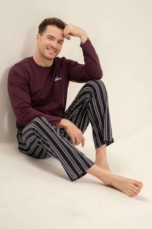 Erkek Mürdüm %100 Pamuklu Pijama Takım, Bisiklet Yakalı, Cep Detaylı
