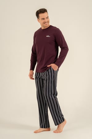Erkek Mürdüm %100 Pamuklu Pijama Takım, Bisiklet Yakalı, Cep Detaylı