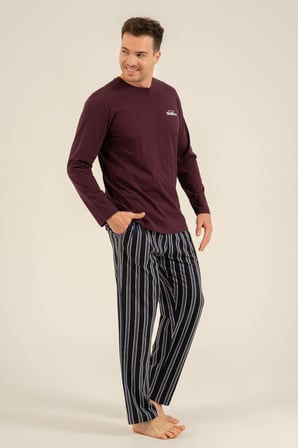 Erkek Mürdüm %100 Pamuklu Pijama Takım, Bisiklet Yakalı, Cep Detaylı