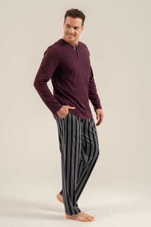 Erkek Mürdüm %100 Pamuklu Pijama Takım, Düğmeli Yakalı, Cep Detaylı