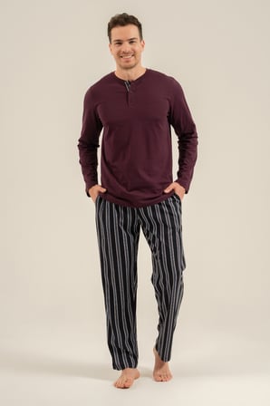 Erkek Mürdüm %100 Pamuklu Pijama Takım, Düğmeli Yakalı, Cep Detaylı