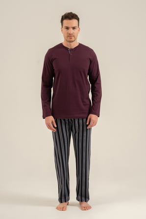 Erkek Mürdüm %100 Pamuklu Pijama Takım, Düğmeli Yakalı, Cep Detaylı