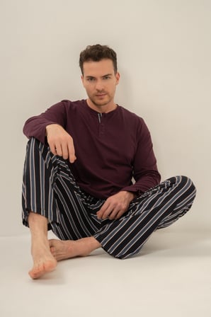 Erkek Mürdüm %100 Pamuklu Pijama Takım, Düğmeli Yakalı, Cep Detaylı