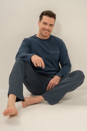 Erkek Koyu İndigo %100 Pamuklu Pijama Takım, Bisiklet Yakalı, Cep Detaylı