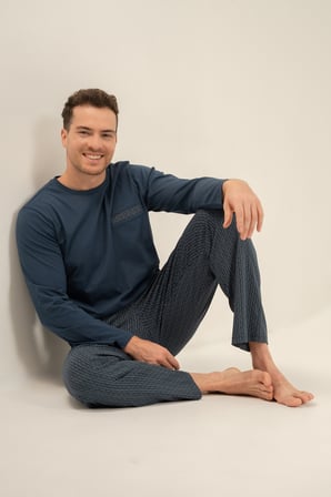 Erkek Koyu İndigo %100 Pamuklu Pijama Takım, Bisiklet Yakalı, Cep Detaylı