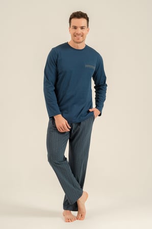 Erkek Koyu İndigo %100 Pamuklu Pijama Takım, Bisiklet Yakalı, Cep Detaylı
