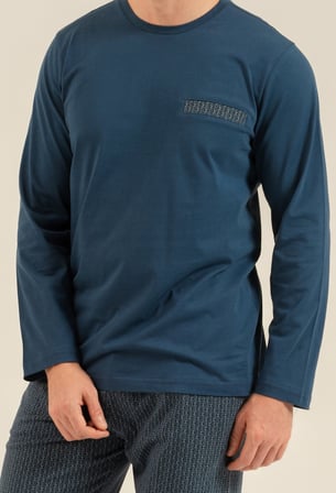 Erkek Koyu İndigo %100 Pamuklu Pijama Takım, Bisiklet Yakalı, Cep Detaylı