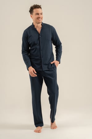 Erkek Lacivert %100 Pamuklu Boydan Düğmeli Kutulu Pijama Takım, Cep Detaylı
