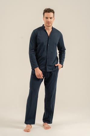 Erkek Lacivert %100 Pamuklu Boydan Düğmeli Kutulu Pijama Takım, Cep Detaylı