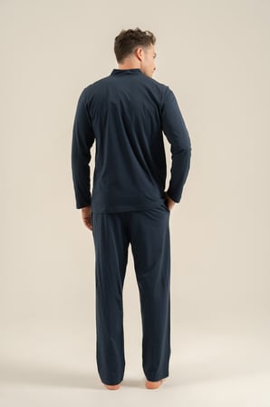 Erkek Lacivert %100 Pamuklu Boydan Düğmeli Kutulu Pijama Takım, Cep Detaylı