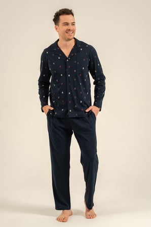 Erkek Lacivert %100 Pamuklu Gömlek Pijama Takım, Gömlek Yakalı, Cep Detaylı