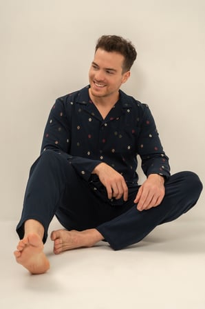 Erkek Lacivert %100 Pamuklu Gömlek Pijama Takım, Gömlek Yakalı, Cep Detaylı
