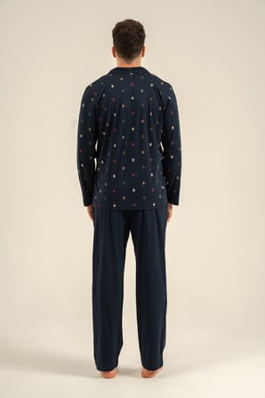 Erkek Lacivert %100 Pamuklu Gömlek Pijama Takım, Gömlek Yakalı, Cep Detaylı