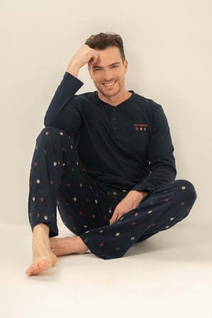 Erkek Lacivert %100 Pamuklu Pijama Takım, Düğmelil Bisiklet Yakalı, Cep Detaylı
