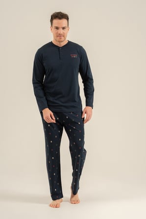 Erkek Lacivert %100 Pamuklu Pijama Takım, Düğmelil Bisiklet Yakalı, Cep Detaylı