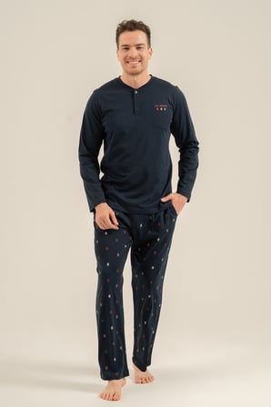 Erkek Lacivert %100 Pamuklu Pijama Takım, Düğmelil Bisiklet Yakalı, Cep Detaylı
