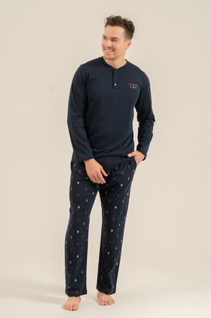 Erkek Lacivert %100 Pamuklu Pijama Takım, Düğmelil Bisiklet Yakalı, Cep Detaylı
