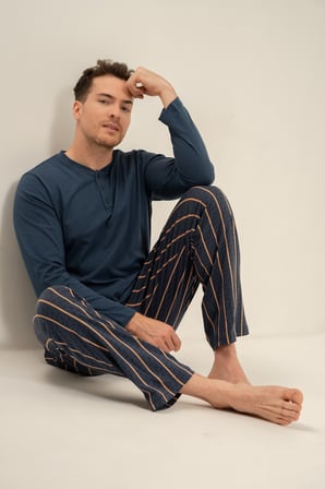 Erkek Koyu İndigo %100 Pamuklu Çizgili Pijama Takım, Düğmeli Bisiklet Yakalı, Cep Detaylı