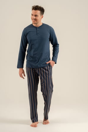 Erkek Koyu İndigo %100 Pamuklu Çizgili Pijama Takım, Düğmeli Bisiklet Yakalı, Cep Detaylı