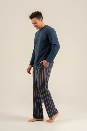 Erkek Koyu İndigo %100 Pamuklu Çizgili Pijama Takım, Düğmeli Bisiklet Yakalı, Cep Detaylı