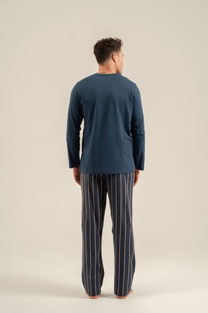 Erkek Koyu İndigo %100 Pamuklu Çizgili Pijama Takım, Düğmeli Bisiklet Yakalı, Cep Detaylı