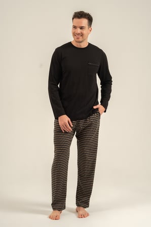 Erkek Siyah %100 Pamuklu Uzunkol Pijama Takım, Bisiklet Yakalı, Cep Detaylı