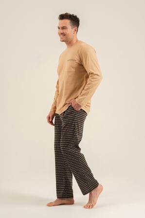 Erkek Vizon %100 Pamuklu Uzunkol Pijama Takım, Bisiklet Yakalı, Cep Detaylı