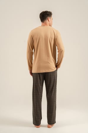 Erkek Vizon %100 Pamuklu Uzunkol Pijama Takım, Bisiklet Yakalı, Cep Detaylı