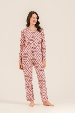 Kadın Desenli Pembe Pijama Takım, Kutulu Pijama , Gömlek Yaka, Cep Detaylı  %50 Pamuk %50 Modal Kumaş,