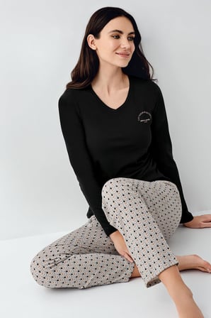 Kadın %50 pamuk %50 modal Siyah V Yaka Uzunkol Pijama Takım