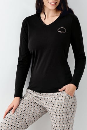 Kadın %50 pamuk %50 modal Siyah V Yaka Uzunkol Pijama Takım